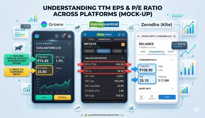 Step-by-step guide showing where to find TTM EPS and Share Price on an Indian stock market app interface.