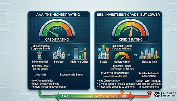 Credit rating scale from AAA to D by CRISIL and ICRA showing safety vs risk for Indian corporate bonds. Credit rating scale from AAA to D by CRISIL and ICRA showing safety vs risk for Indian corporate bonds.