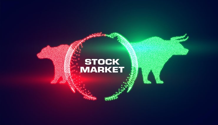 Trader Talk Concepts for Stock Market: Illustration of a Green Bull charging up and a Red Bear clawing down to show market trends. Trader Talk Concepts for Stock Market: Illustration of a Green Bull charging up and a Red Bear clawing down to show market trends.