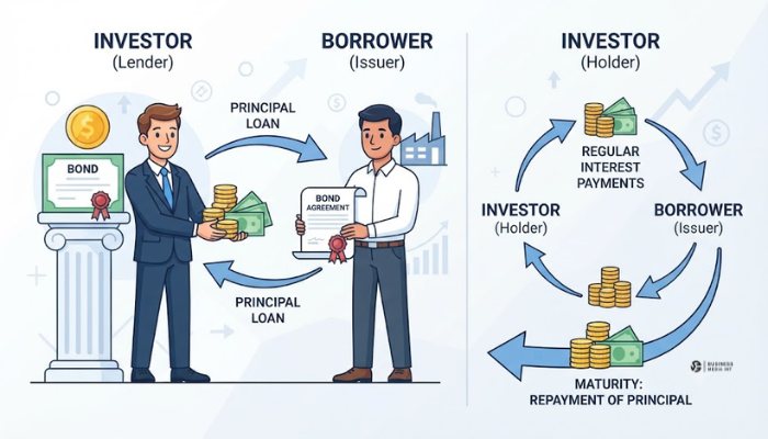 Simple visual illustration of a bond as a loan between an investor and a borrower. Simple visual illustration of a bond as a loan between an investor and a borrower.