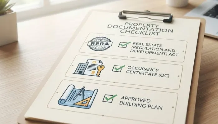 Checklist graphic showing icons for RERA, Occupancy Certificate, and Building Plan. Checklist graphic showing icons for RERA, Occupancy Certificate, and Building Plan.