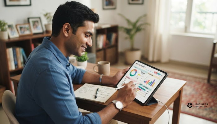 A beginner investor planning a budget and asset allocation strategy on a tablet device A beginner investor planning a budget and asset allocation strategy on a tablet device