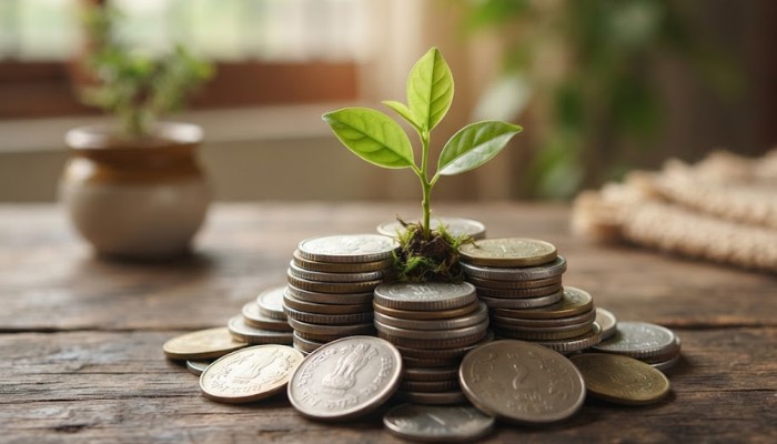 A small green plant sprouting from a stack of Indian Rupee coins representing financial growth A small green plant sprouting from a stack of Indian Rupee coins representing financial growth