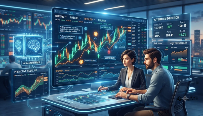 Concept illustration of artificial intelligence analyzing stock market data and generating trading signals Concept illustration of artificial intelligence analyzing stock market data and generating trading signals