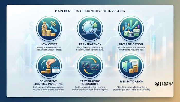 Icon grid highlighting the main benefits of monthly ETF investing including low costs and transparency