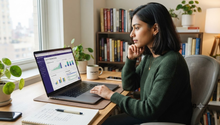 A young adult planning long-term investments and tax-efficient wealth growth strategies using a laptop.