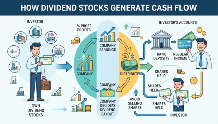 Infographic illustrating how dividend stocks generate regular cash flow and bank deposits without selling shares. Infographic illustrating how dividend stocks generate regular cash flow and bank deposits without selling shares.