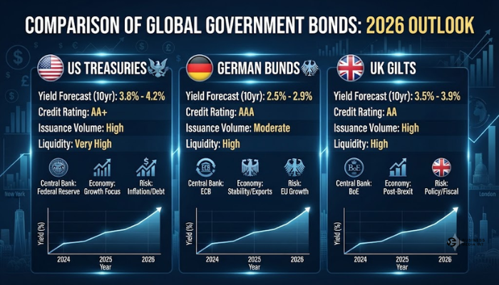 Comparison of global government bonds including US Treasuries, UK Gilts, and German Bunds for 2026 Comparison of global government bonds including US Treasuries, UK Gilts, and German Bunds for 2026