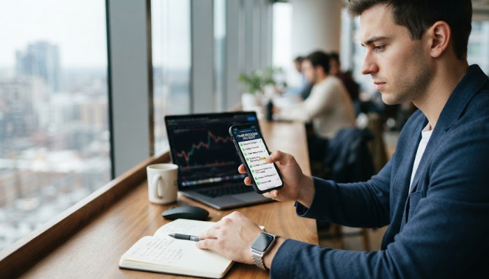 An investor reviewing a step-by-step checklist on a mobile stock trading application