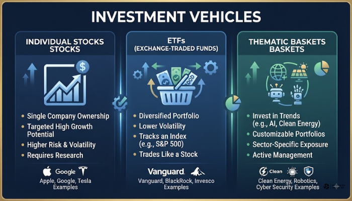 Visual breakdown of the three main ways to invest in artificial intelligence stocks and funds