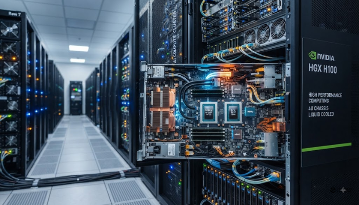 High-performance semiconductor chips and server hardware powering artificial intelligence data centers