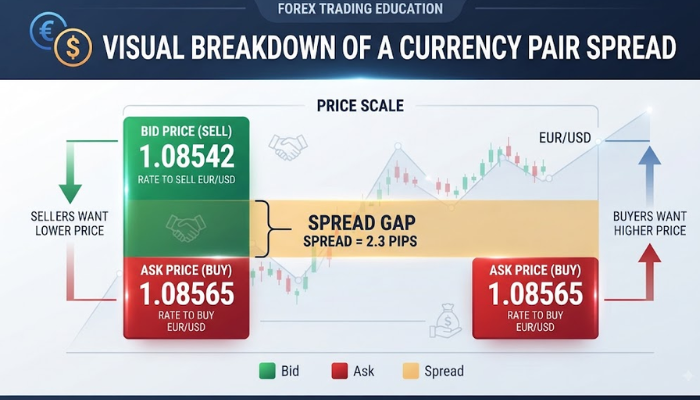 Infographic explaining bid price, ask price, and spread in forex trading Infographic explaining bid price, ask price, and spread in forex trading