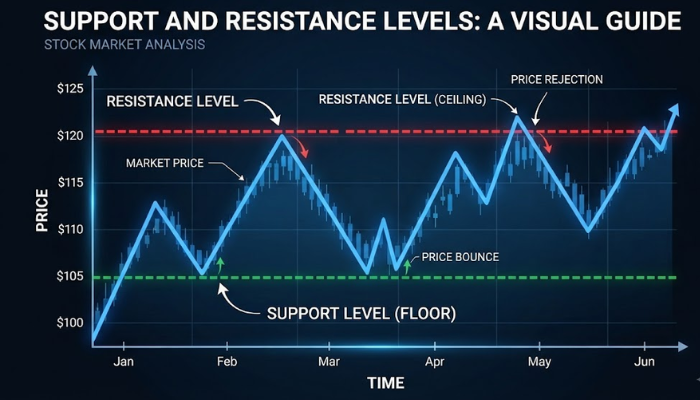 Forex chart demonstrating support and resistance price levels Forex chart demonstrating support and resistance price levels