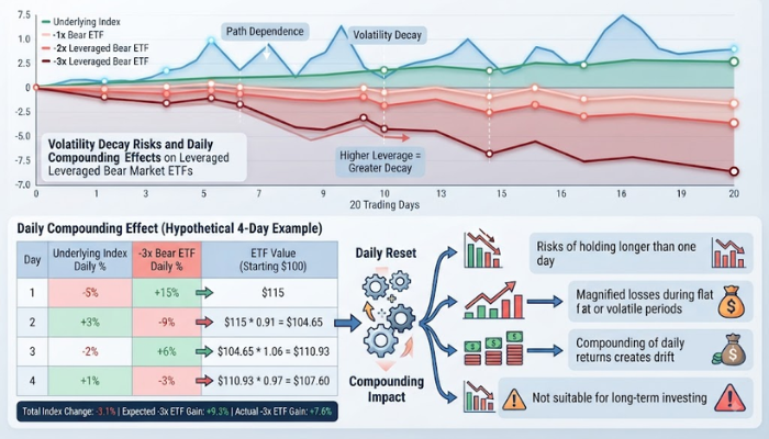 Chart showing volatility decay risks and daily compounding effects on leveraged bear market ETFs Chart showing volatility decay risks and daily compounding effects on leveraged bear market ETFs