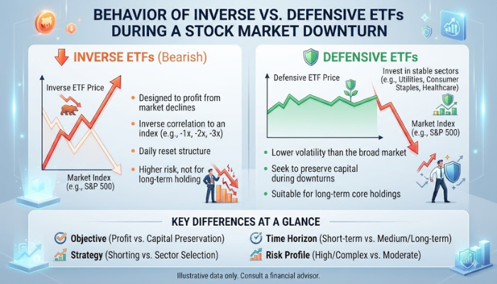 Infographic illustrating how inverse and defensive ETFs behave differently during a stock market downturn Infographic illustrating how inverse and defensive ETFs behave differently during a stock market downturn
