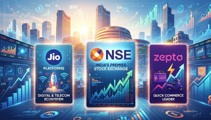 Upcoming mega IPOs in India 2026 including NSE Jio Platforms and Zepto