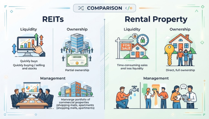 Infographic comparing REITs and rental property features like liquidity, ownership, and management Infographic comparing REITs and rental property features like liquidity, ownership, and management
