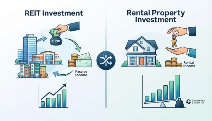 REIT vs rental property investment calculator concept showing financial returns and leverage growth REIT vs rental property investment calculator concept showing financial returns and leverage growth