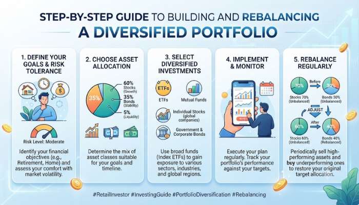 Step-by-step visual guide for retail investors on how to build and rebalance a diversified financial portfolio. Step-by-step visual guide for retail investors on how to build and rebalance a diversified financial portfolio.