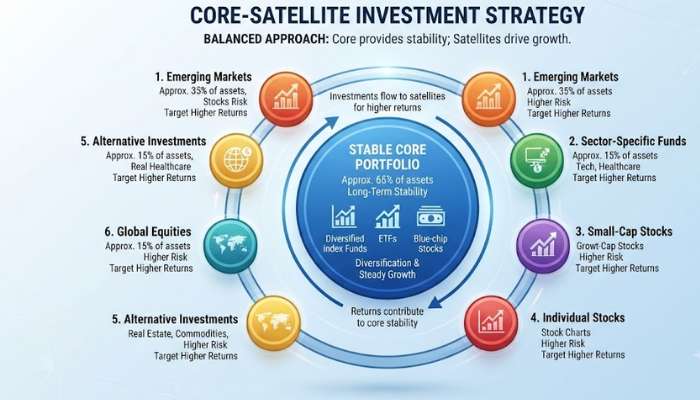 Diagram explaining the core-satellite investment strategy with a stable core portfolio and growth-focused satellite assets. Diagram explaining the core-satellite investment strategy with a stable core portfolio and growth-focused satellite assets.