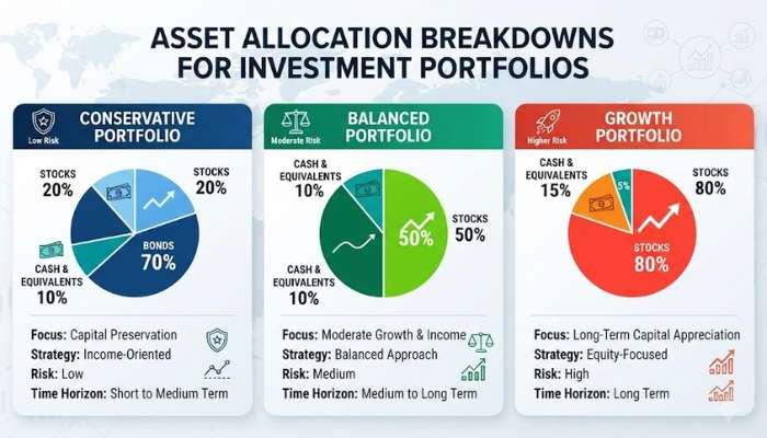 Infographic illustrating asset allocation breakdowns for conservative, balanced, and growth investment portfolios. Infographic illustrating asset allocation breakdowns for conservative, balanced, and growth investment portfolios.
