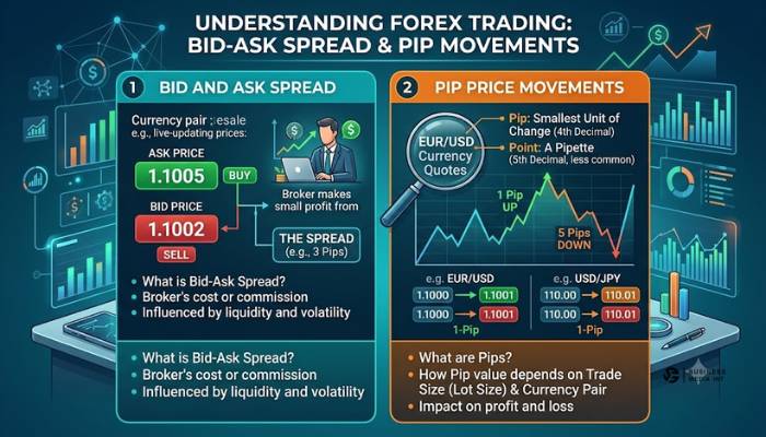 Infographic explaining bid and ask spread along with pip price movements in forex trading Infographic explaining bid and ask spread along with pip price movements in forex trading