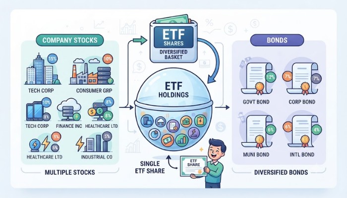 Infographic illustrating how a single exchange-traded fund contains a diversified basket of multiple company stocks and bonds. Infographic illustrating how a single exchange-traded fund contains a diversified basket of multiple company stocks and bonds.