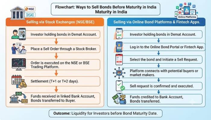 Flowchart showing ways to sell bonds before maturity in India through stock exchanges and online platforms Flowchart showing ways to sell bonds before maturity in India through stock exchanges and online platforms