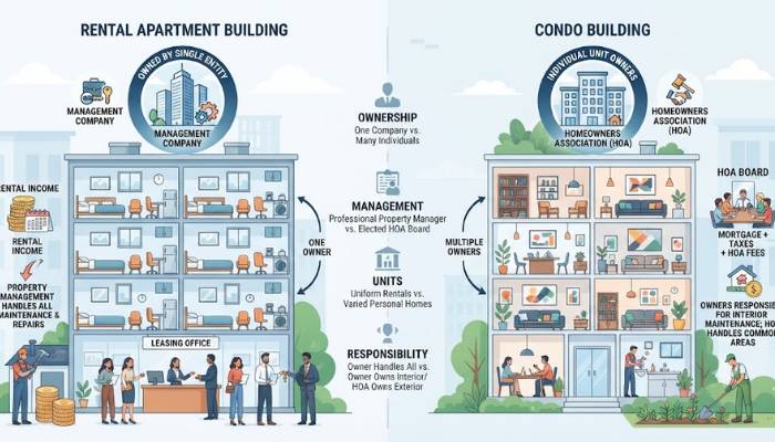Infographic illustrating the difference between a rental apartment building owned by one company and a condo building with individual unit owners.