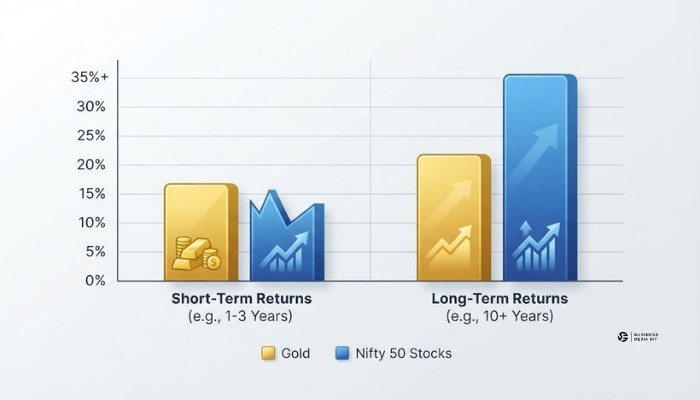 Bar chart comparing short term and long term returns of gold versus Nifty 50 stocks in India