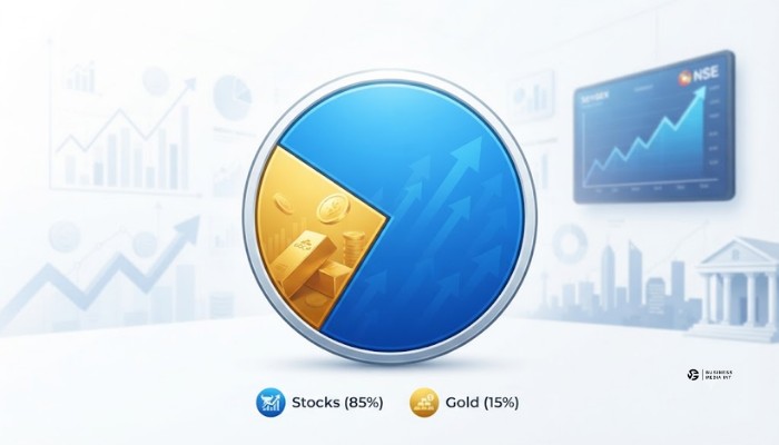 Pie chart illustrating ideal asset allocation of 85 percent stocks and 15 percent gold for Indian investors
