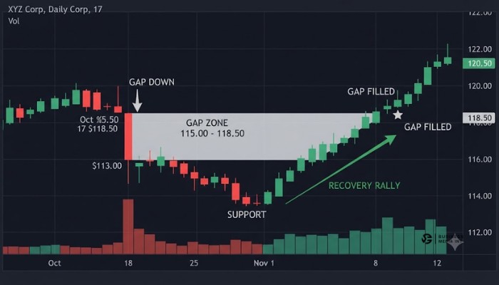 Stock chart example showing a market gap fill trading strategy in action