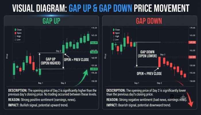 Visual diagram explaining gap up and gap down price movement on a trading chart