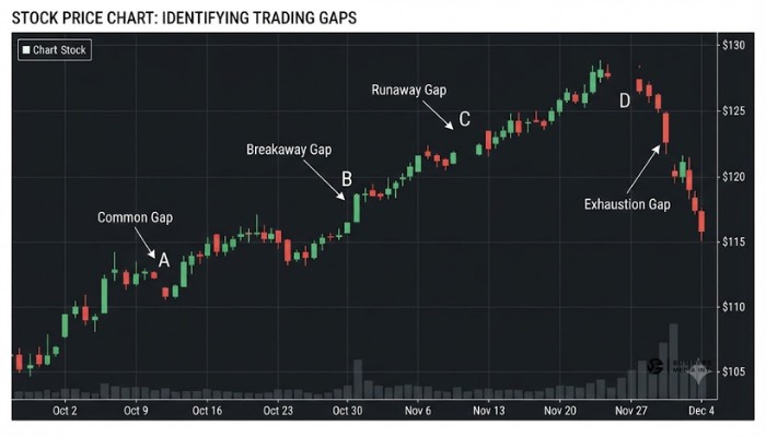 Stock price chart labeling common, breakaway, runaway, and exhaustion trading gaps