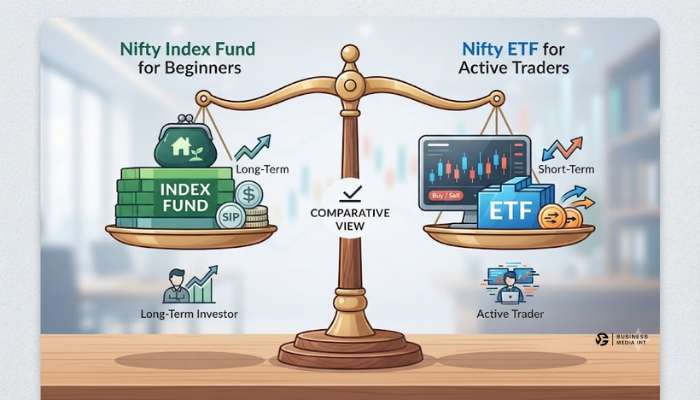 A comparative balance scale showing a Nifty index fund for beginners on one side and a Nifty ETF for active traders on the other.