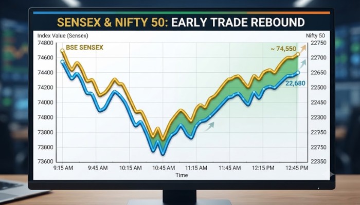 Sensex and Nifty 50 index chart showing market rebound during early trade Sensex and Nifty 50 index chart showing market rebound during early trade