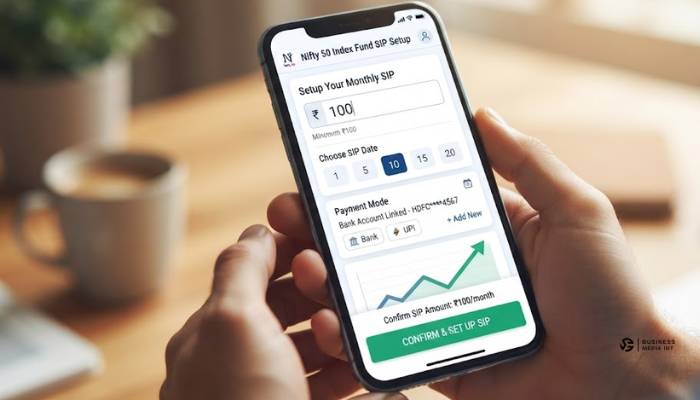 Mobile app screen showing a Systematic Investment Plan SIP setup for a Nifty 50 index fund starting at 100 rupees Mobile app screen showing a Systematic Investment Plan SIP setup for a Nifty 50 index fund starting at 100 rupees