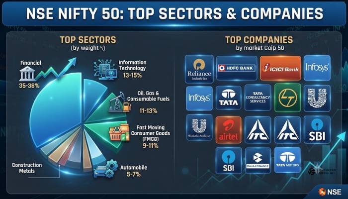 List of top sectors and companies tracked by the National Stock Exchange Nifty 50 index List of top sectors and companies tracked by the National Stock Exchange Nifty 50 index
