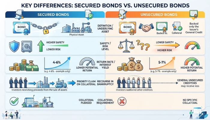 Infographic summarizing key differences between secured and unsecured bonds including safety and return rates Infographic summarizing key differences between secured and unsecured bonds including safety and return rates