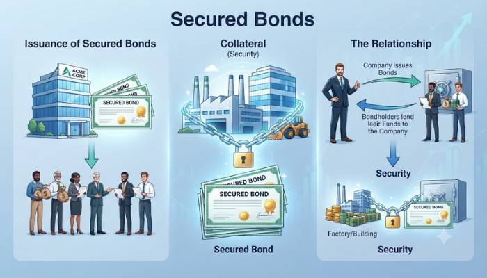 Diagram explaining how secured bonds are backed by collateral assets like real estate and equipment in India Diagram explaining how secured bonds are backed by collateral assets like real estate and equipment in India