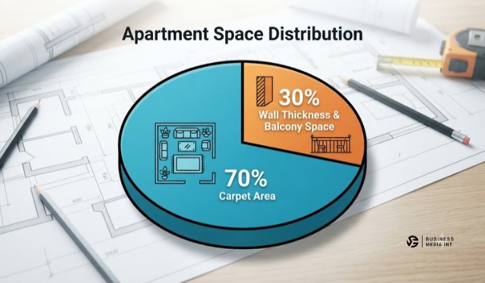 Pie chart breakdown showing 70% carpet area versus 30% wall thickness and balcony space in an apartment.