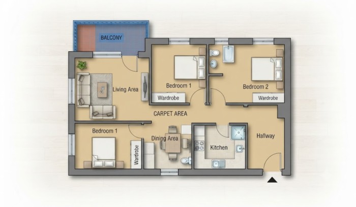 isual diagram showing flat carpet area as the usable indoor space excluding walls and balconies.