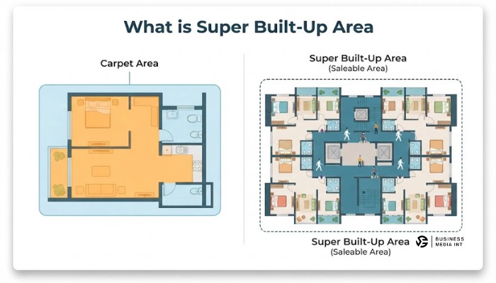 Apartment building layout highlighting common areas like lobbies, stairs, and lifts included in super built up area.