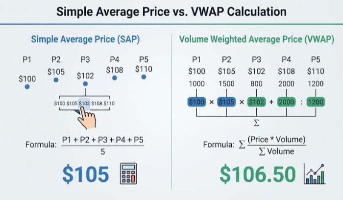 Infographic comparing simple average price versus Volume Weighted Average Price (VWAP) calculation. Infographic comparing simple average price versus Volume Weighted Average Price (VWAP) calculation.