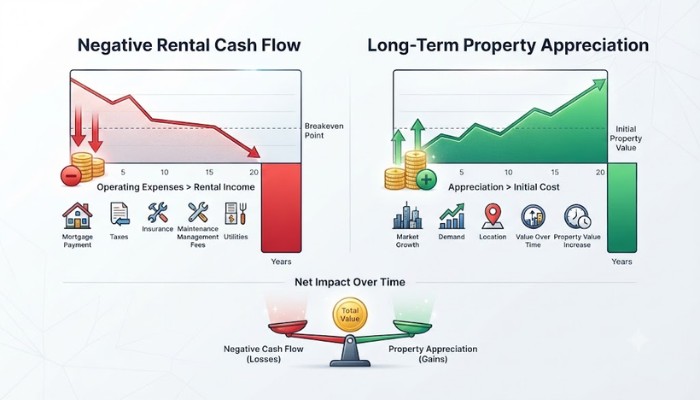 Comparison chart illustrating negative rental cash flow balanced by long-term property appreciation Comparison chart illustrating negative rental cash flow balanced by long-term property appreciation