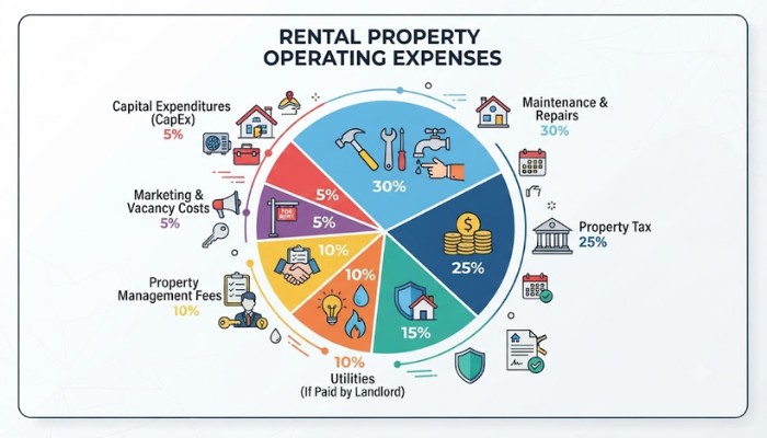 Infographic chart showing rental property operating expenses like maintenance, property tax, and insurance Infographic chart showing rental property operating expenses like maintenance, property tax, and insurance