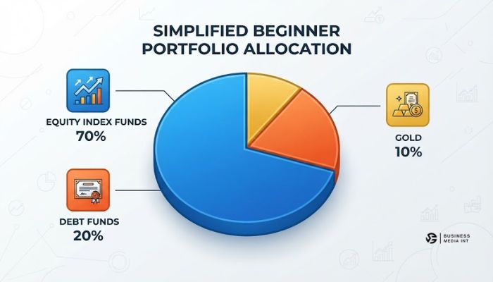 A pie chart showing a recommended simple beginner portfolio allocation of equity index funds, debt funds, and gold. A pie chart showing a recommended simple beginner portfolio allocation of equity index funds, debt funds, and gold.