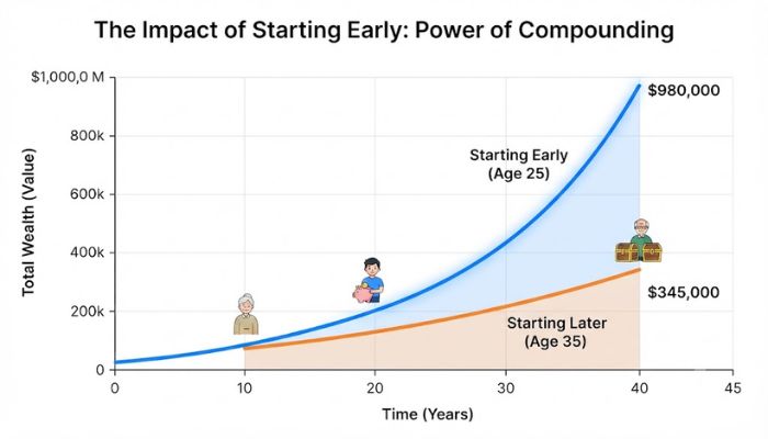 A line chart illustrating the power of compounding and how starting early builds long-term wealth. A line chart illustrating the power of compounding and how starting early builds long-term wealth.