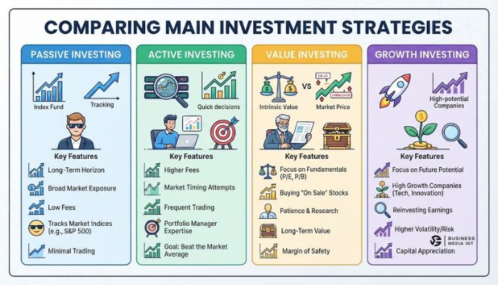 An infographic comparing the four main investment strategies: passive, active, value, and growth investing. An infographic comparing the four main investment strategies: passive, active, value, and growth investing.