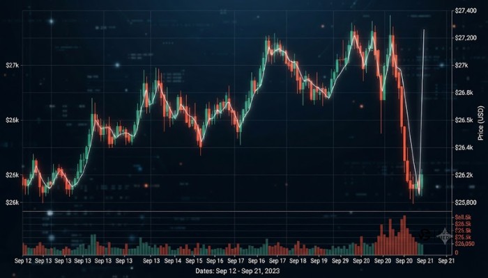 Cryptocurrency price chart showing high volatility and a sharp market pullback